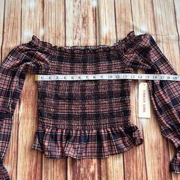 Urban Girl Women’s Plaid Smocked Off Shoulder Crop Top Boho Peplum Size Small - Picture 3 of 11